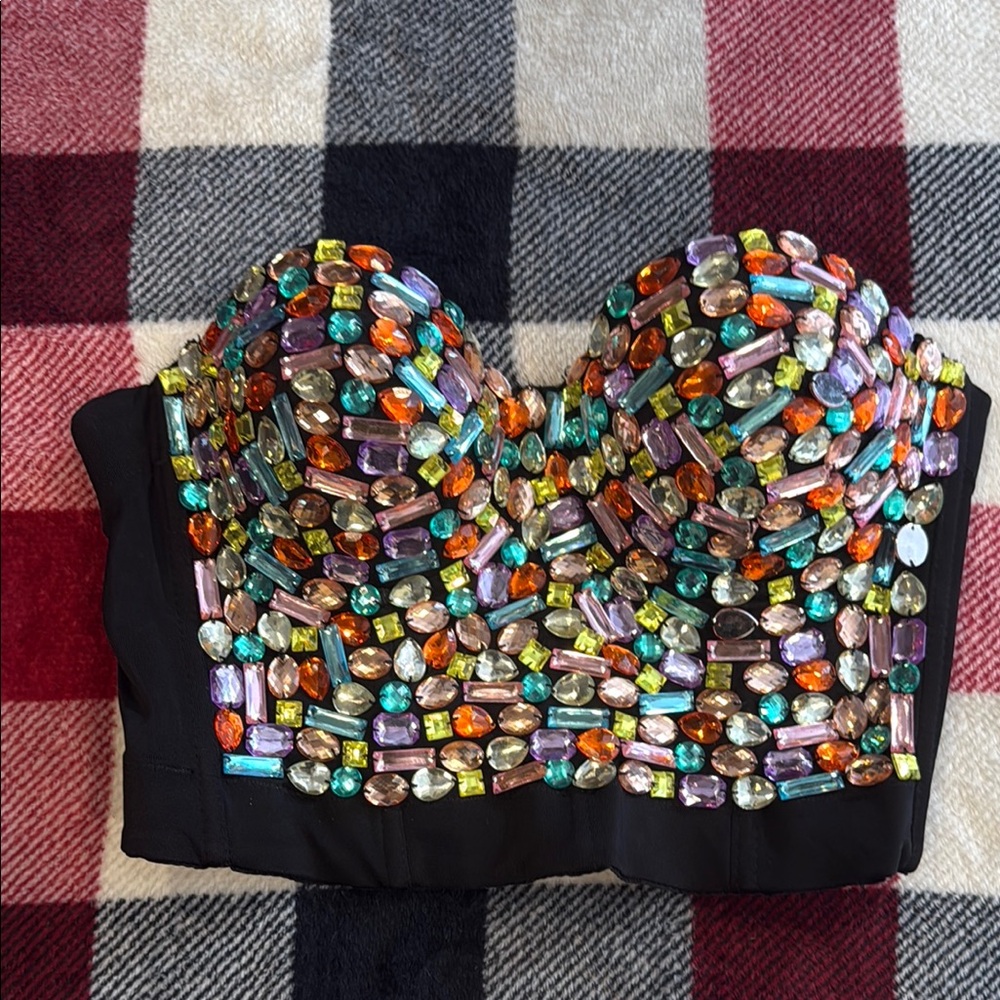 Embellished Black Multicolored Bustier Top